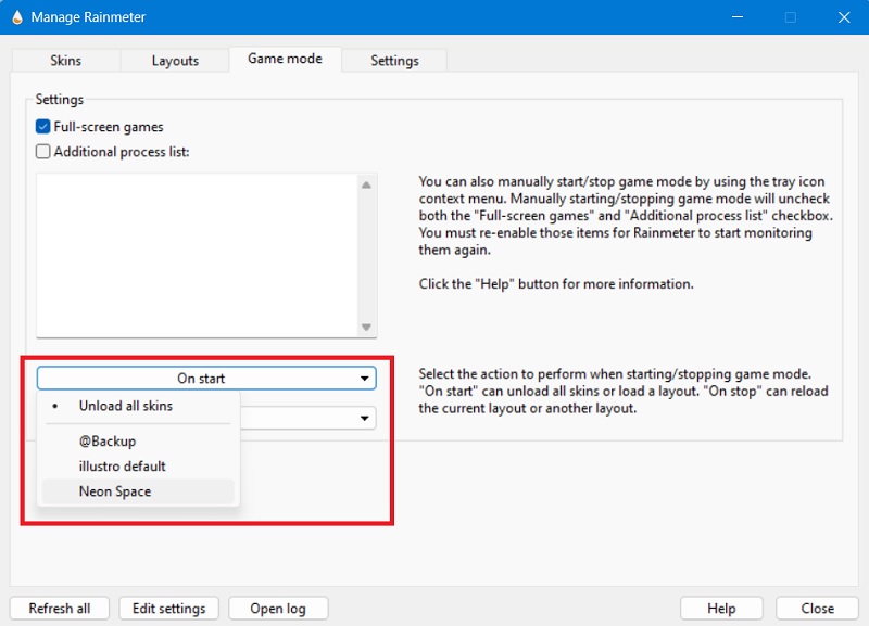 Manage Game mode in Rainmeter to display Neon Space on start.