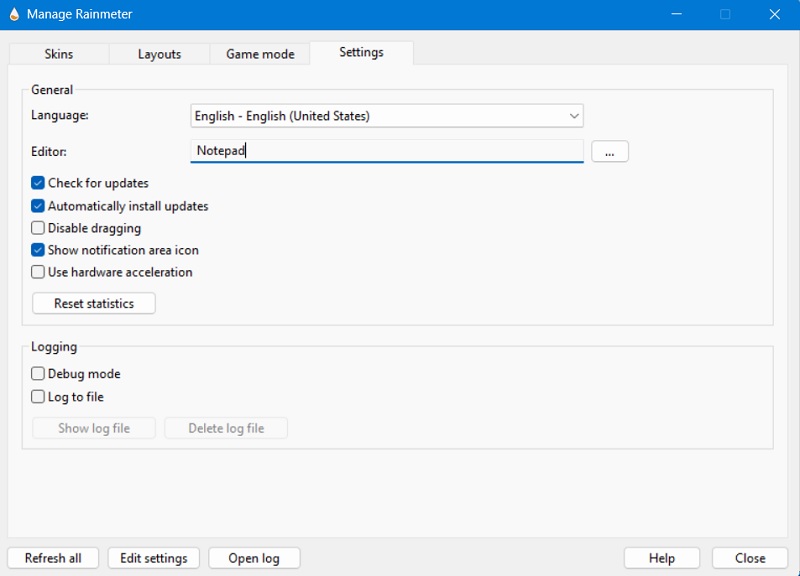 All Settings visible under Manage Rainmneter.
