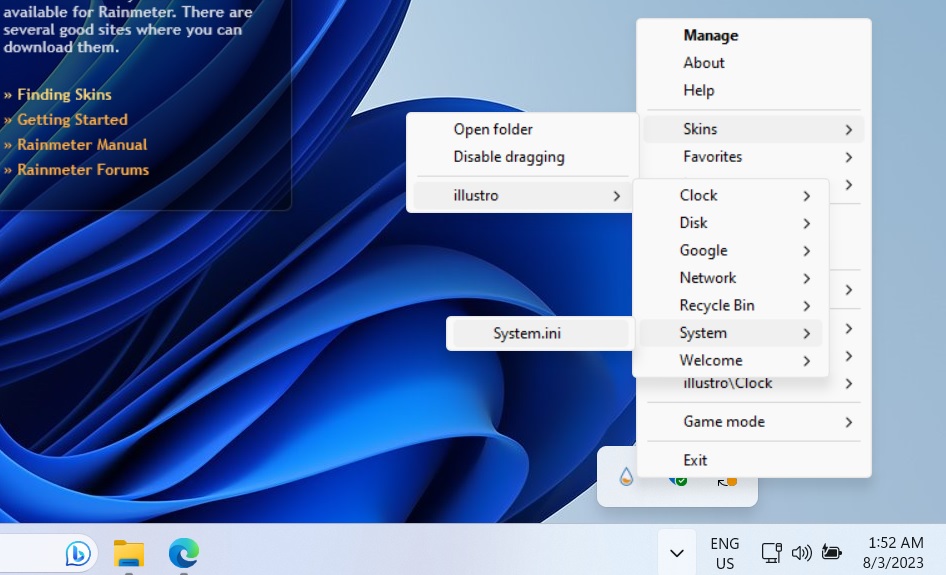 Reenabling Rainmeter Illustro skin, "System.ini" that was removed by clicking System Tray options.