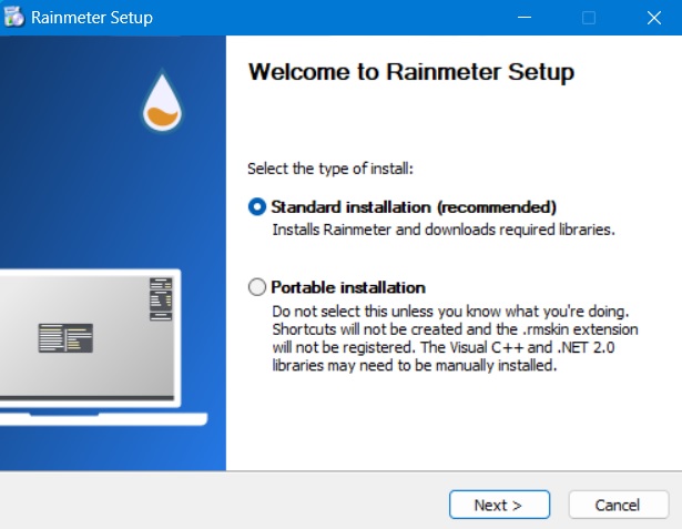 Selecting the standard installation option for the Rainmeter app. 