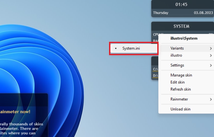 Right-click on a Rainmeter System skin to select System.ini under Variants which will disable the skin.