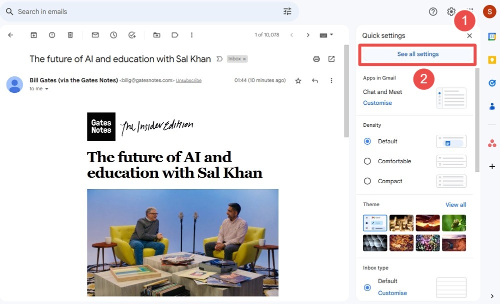 Click "See all settings" in Gmail's web browser.