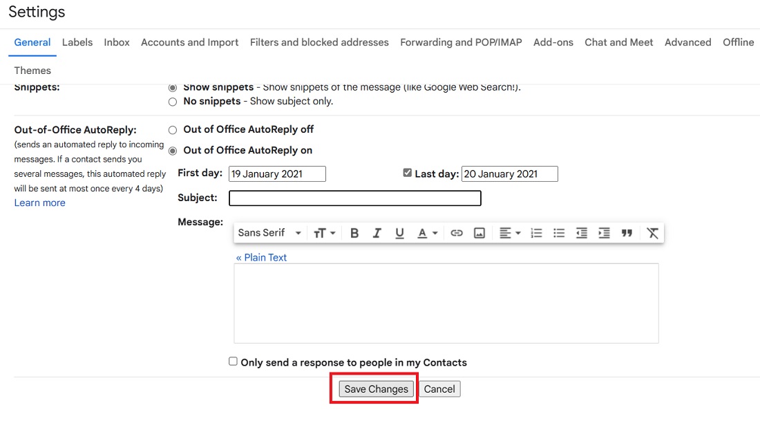 Click "Save changes" in Gmail's web browser to apply a new change.
