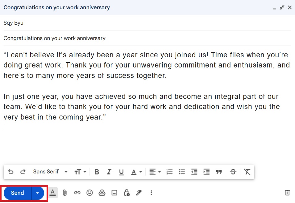 Click the "Send" button in Gmail's web browser.