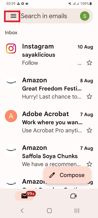 Click the Gmail menu icon indicated by three horizontal lines.
