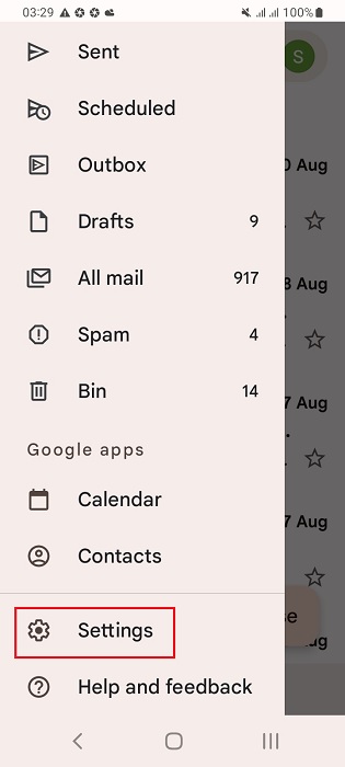 Click "Settings" inside Gmail mobile app.