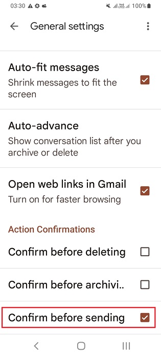 Select confirm before sending in Gmail mobile app.