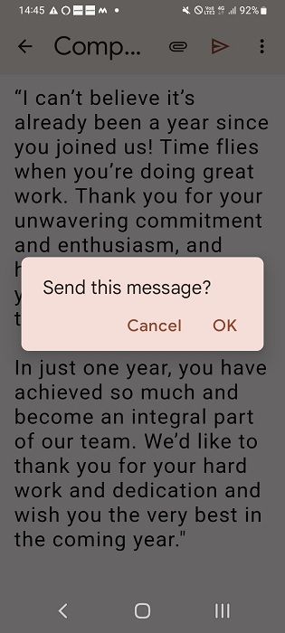 Send message confirmation dialog in Gmail mobile app.