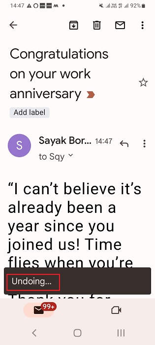 Gmail email in "undoing" status as shown in Gmail mobile app.