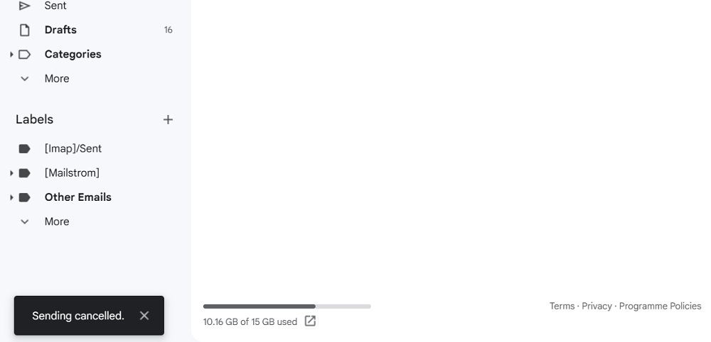 Sending cancelled message shown in Gmail web browser.