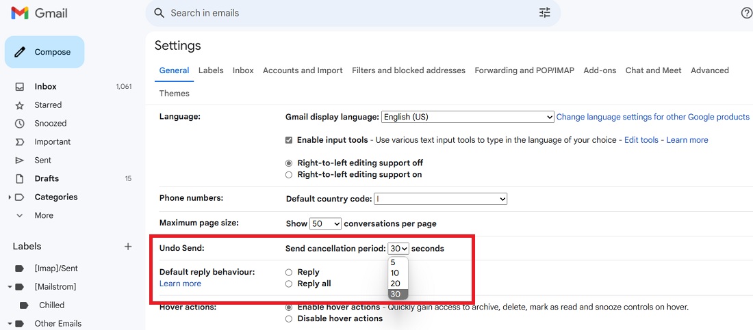 Set the Undo Send cancellation period as 30 seconds in Gmail's Settings on Desktop