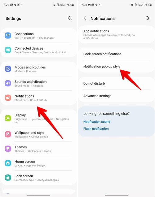 Navigating to "Notification pop-up style" in Samsung phone Settings.