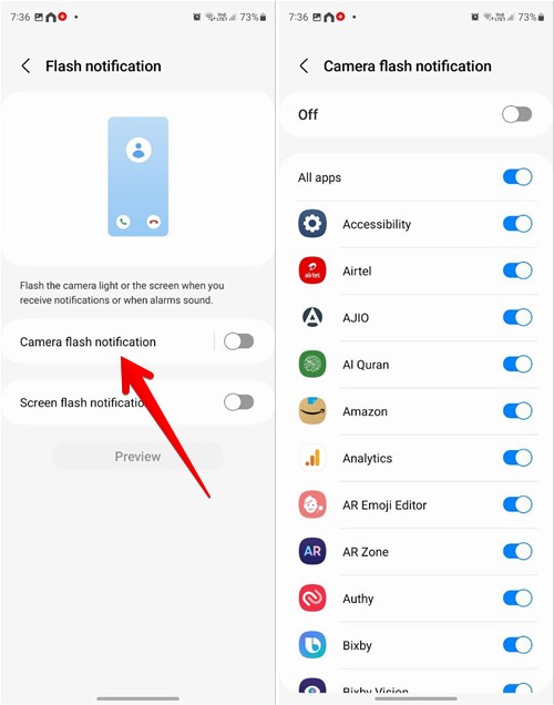 Enabling "Camera flash notification" option for select apps in Samsung Settings app. 