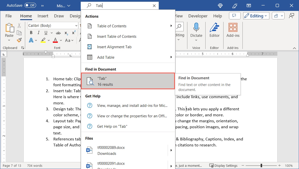 Search box results in the document