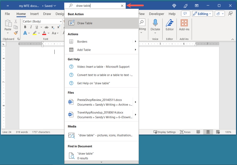 Search for Draw Table in Word