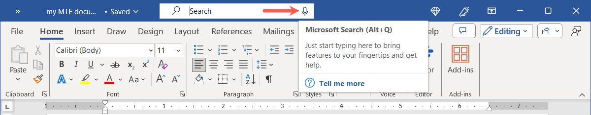 Search bar Microphone icon in Word