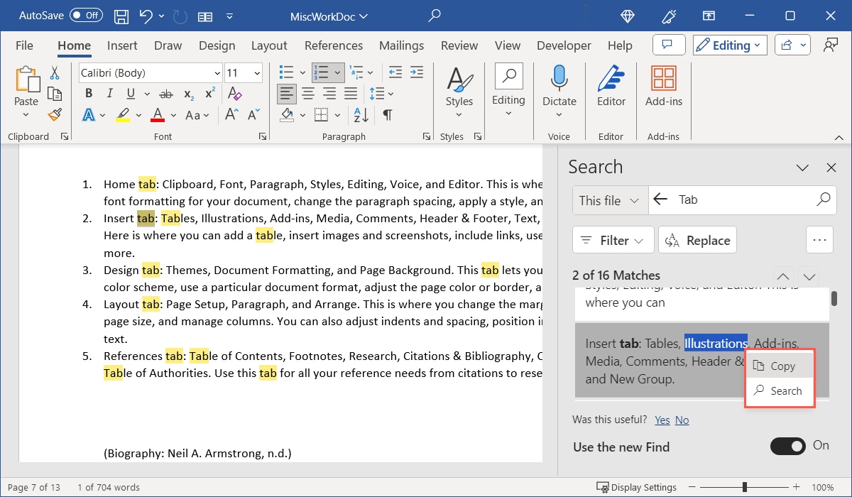 Search pane Copy and Search options