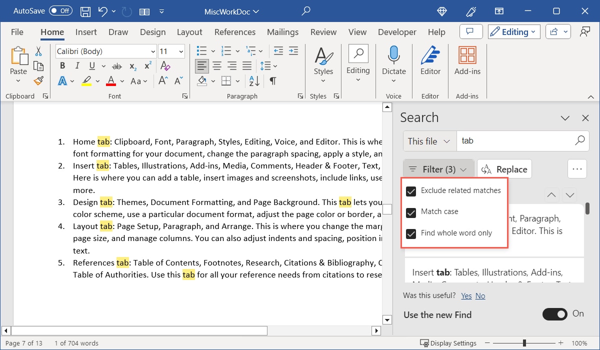 Search pane Filter options