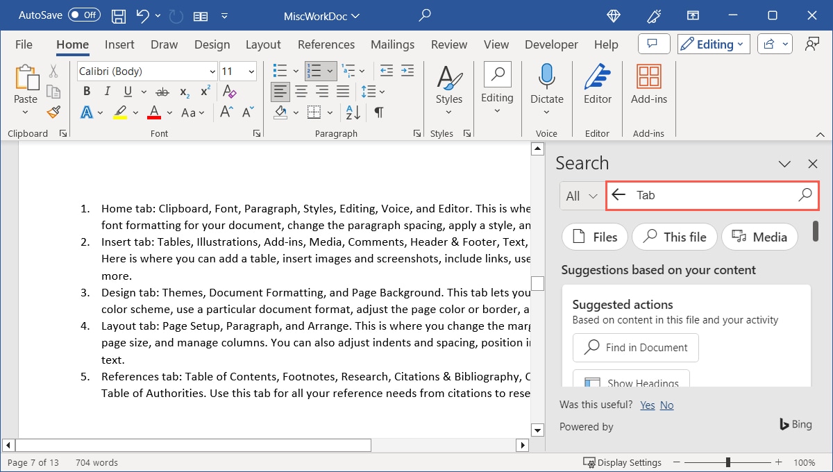 Search box in the Search Pane in Word on Windows