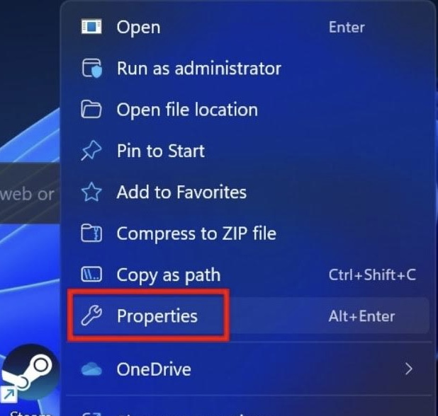 Right-clicking Steam and selecting Properties from the context menu.