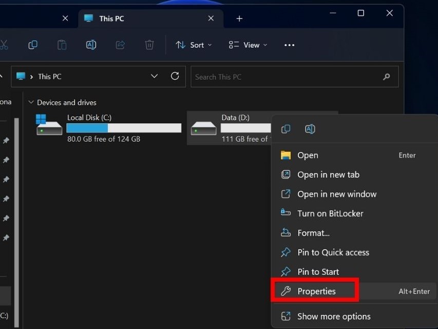 Right-clicking a drive and selecting "Properties" from context menu.