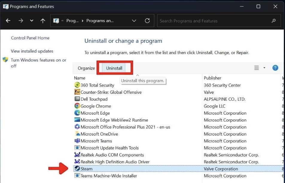 Select Steam and click the Uninstall button.