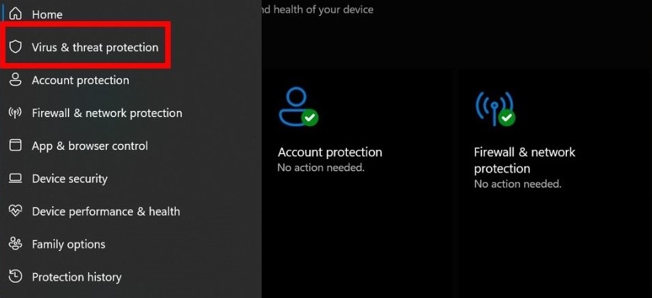 Opting for "Virus & threat protection" in Windows Security.