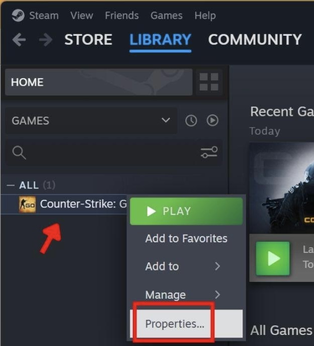 Selecting Properties for game from the drop down menu in Steam client.