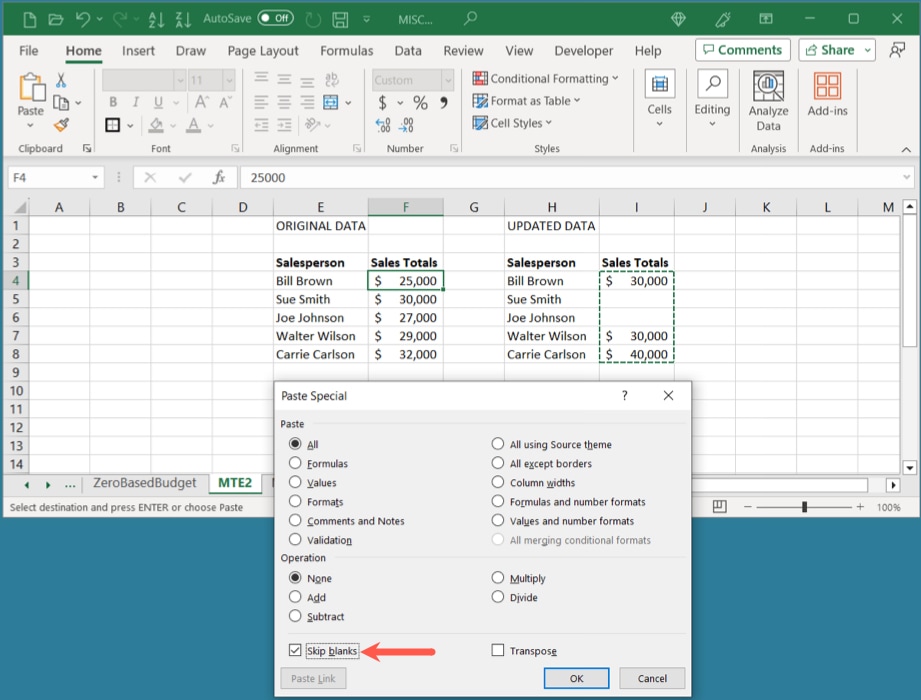 Skip Blanks in the Paste Special box