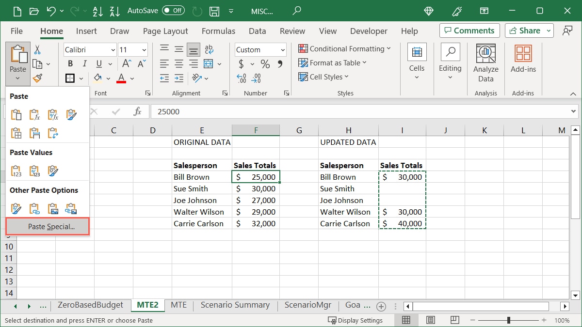 Copied cells and Paste Special in the Paste menu