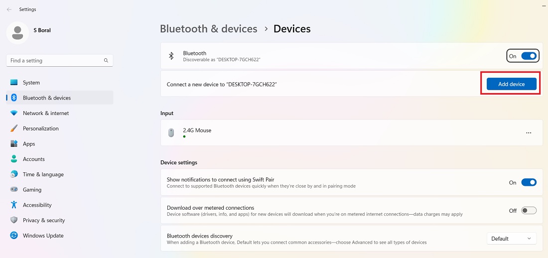 Add device in "Bluetooth & devices" in Windows 11.