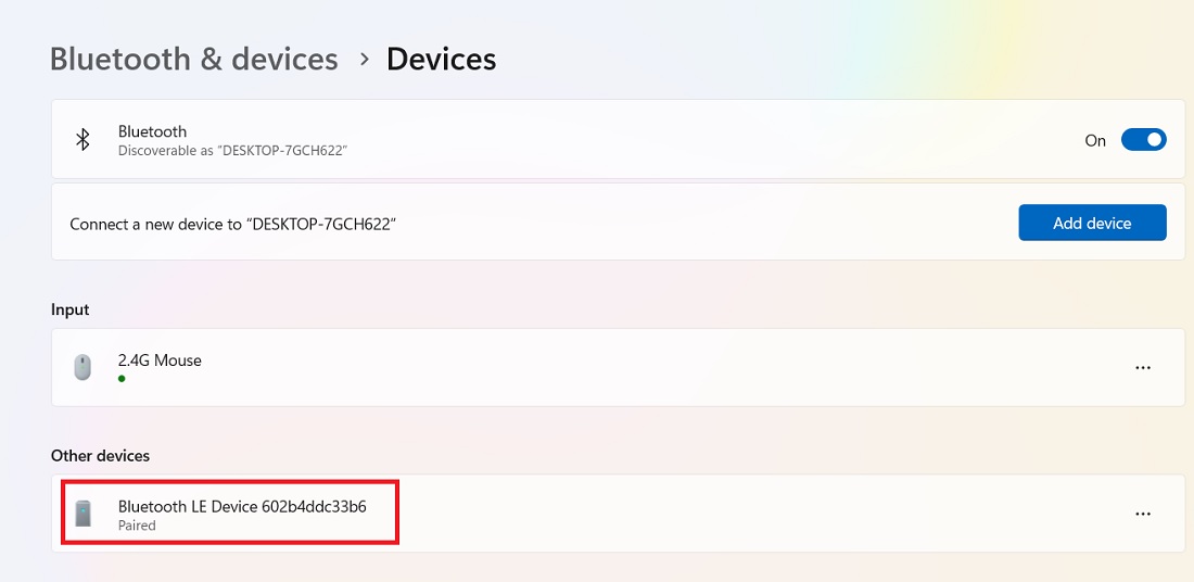 Bluetooth paired phone on Windows Bluetooth list.
