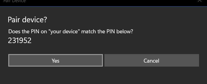 Phone PIN match to connect Windows laptop to smartphone via Bluetooth.