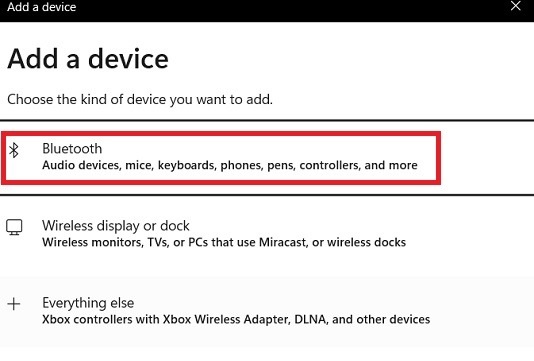 Click "Bluetooth" in "Add a device" in Windows 11.