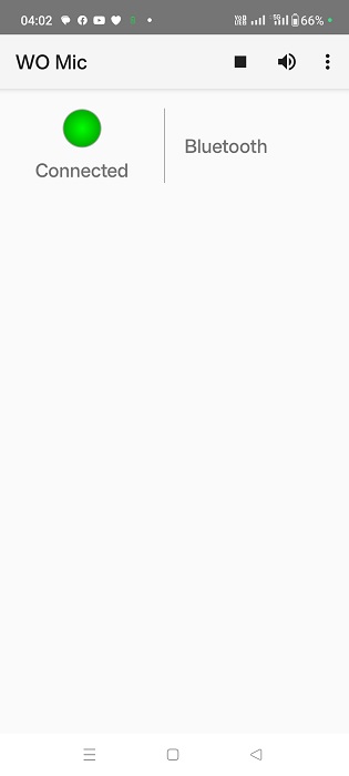 WO Mic app connected status on Android phone in Bluetooth mode.