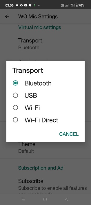 Bluetooth chosen as transport mode in WO Mic's Android app.