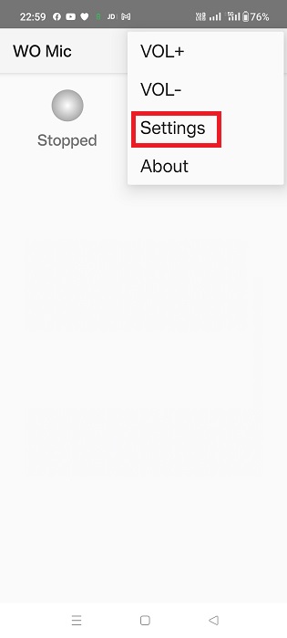 Select WO Mic settings from the app's top menu on Android.