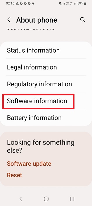 Click "Software information" in About phone of an Android device.
