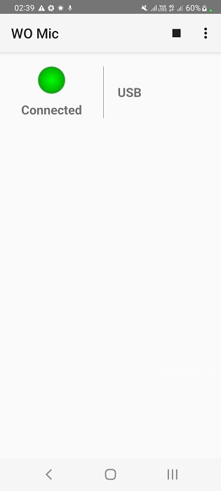 Android phone connected to PC using WO Mic in USB transport mode.