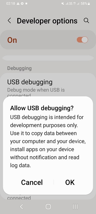 USB debugging enabled on Android phone.