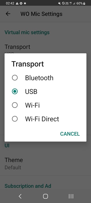 Selecting USB as transport mode in WO Mic's Android app.
