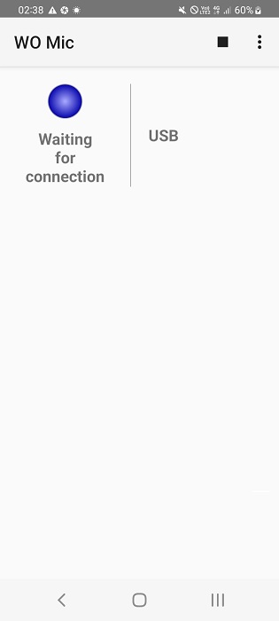 WO Mic Android app showing "waiting for confirmation" while connecting in USB transport mode.