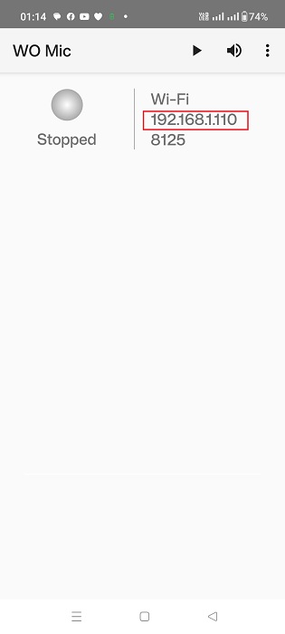 IP address displayed on the Android phone inside WO Mic app.