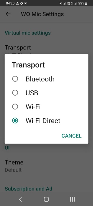 Wi-Fi Direct as transport mode in WO Mic Android app.