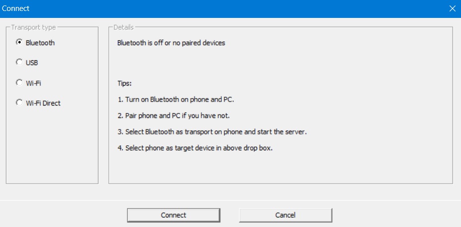 WO Mic client in Windows with transport mode set to Bluetooth.