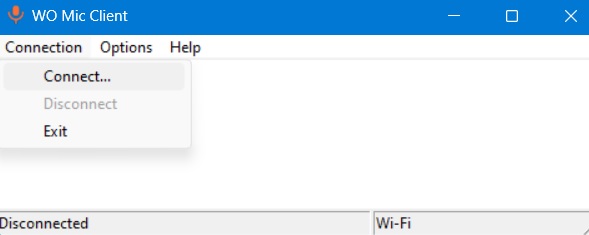 Click "Connect" from the Connection menu of WO Mic client in Windows.