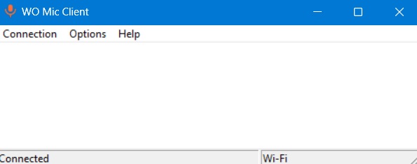 WO Mic client shown as "VConnected" under Wi-Fi transport in Windows device.