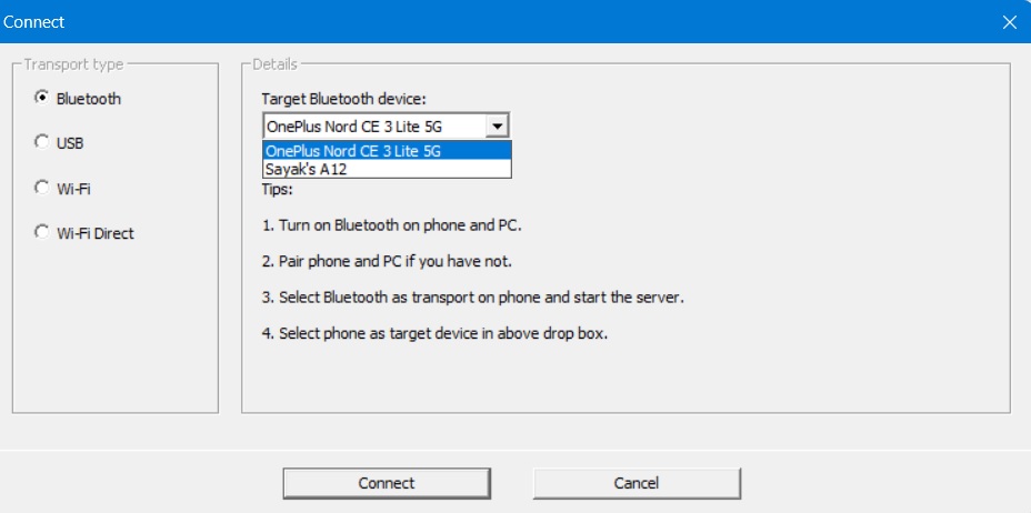 Select Target Bluetooth device in WO Mic Client for Windows in Bluetooth transport mode.