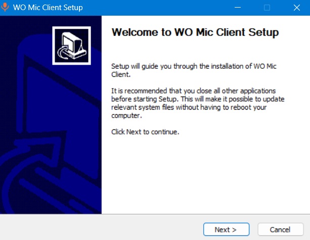 WO Mic Client Setup with initial step of installation on Windows.