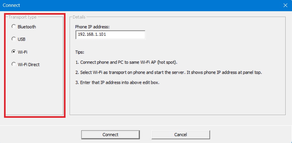 Four different transport types displayed in WO Mic client on a Windows device.